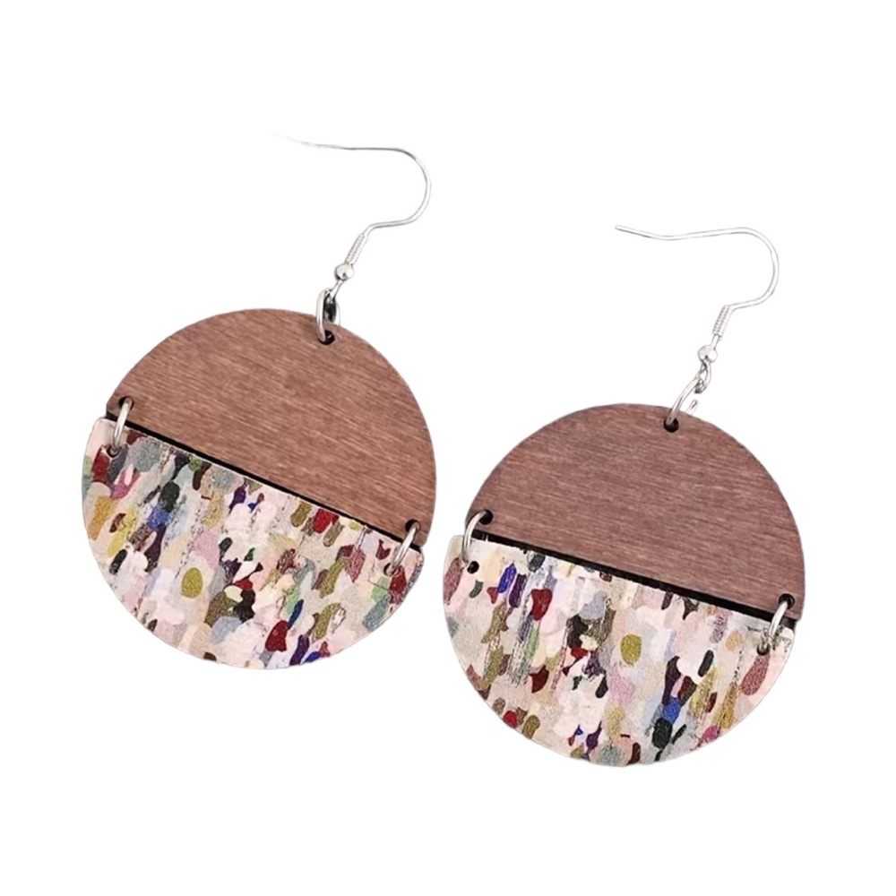 Retro Looking Wood Painted Design Hinged Drop Earrings